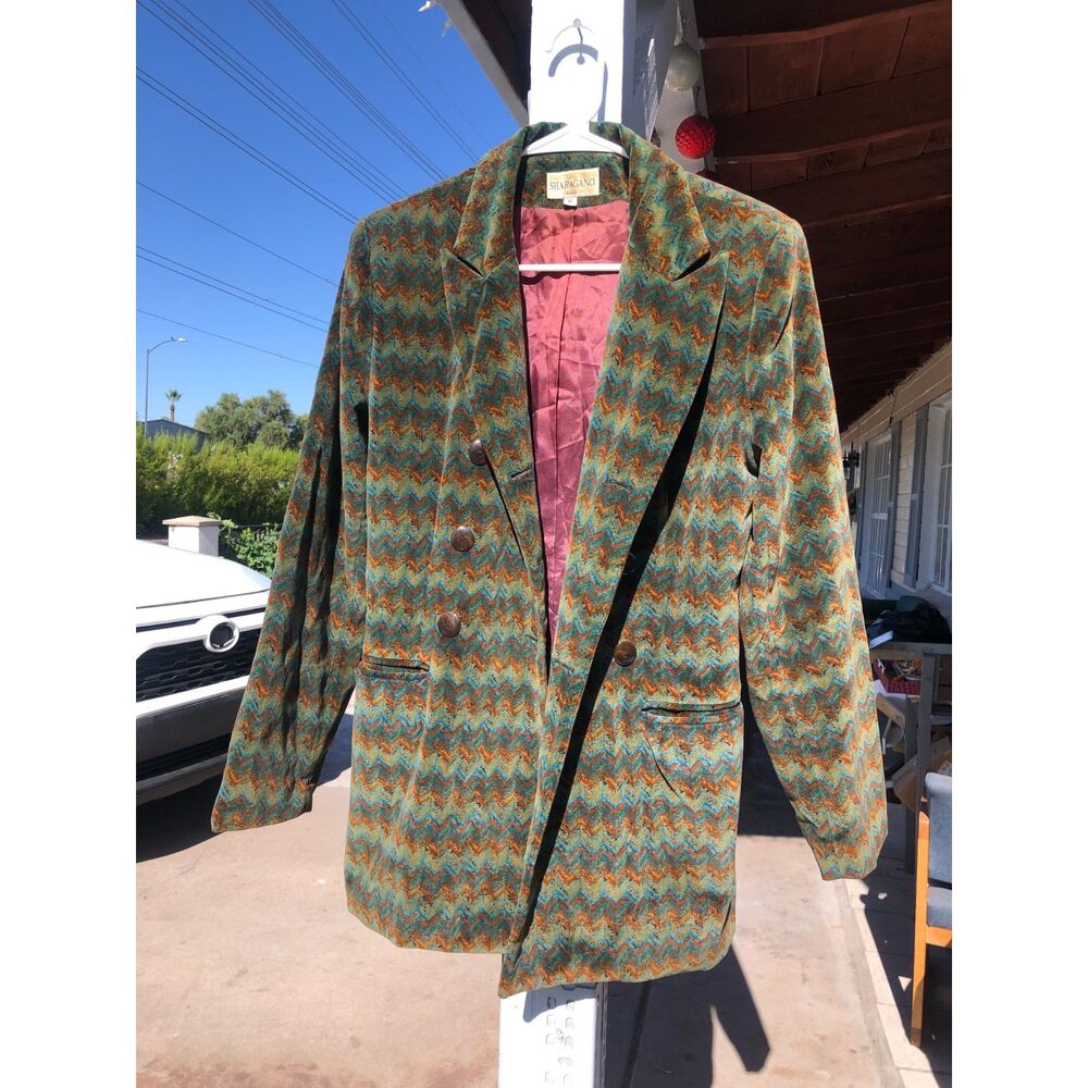 Vtg Sharagano Paris Chevron Blazer Jacket USA Cotton Velvet Colorful Retro Pop 6